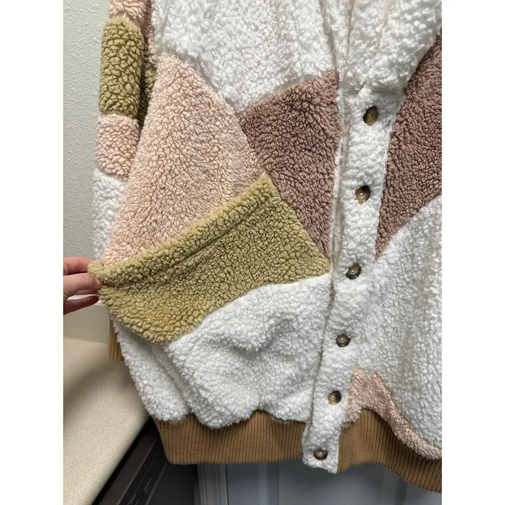 Free People Oversized Selma Cardi Color Block Sherpa Cardigan Bohemian Size XL